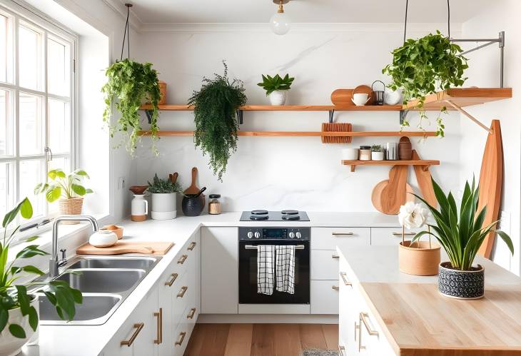 Fresh Scandi Kitchen with Plants, Wooden Decor, and Marble Walls